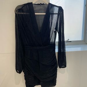 Maje Size 36 (2) black dress mini. Long sleeve v neck ruched on bottom. Fitted